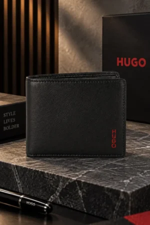 Billetera de cuero Hugo Boss negra con logo rojo