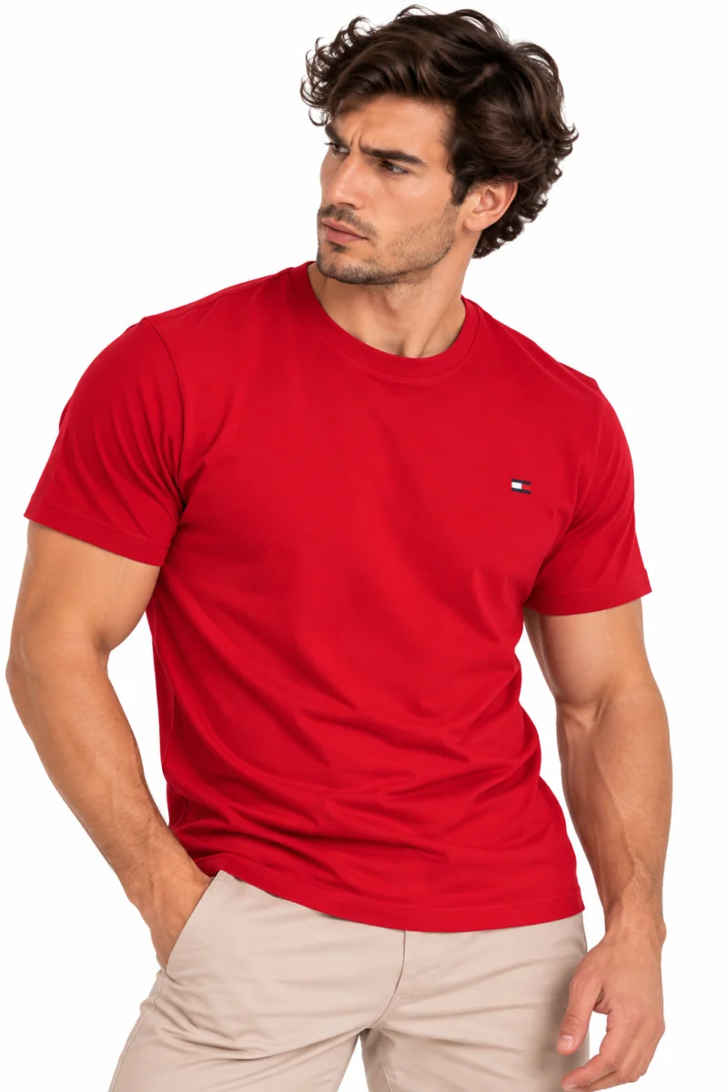 Camiseta Tommy Hilfiger de algodón rojo con logo de bandera al pecho