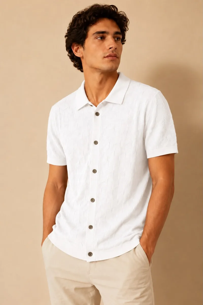 Camisa tejida Old Money Giorginni Couture manga corta blanca con botones