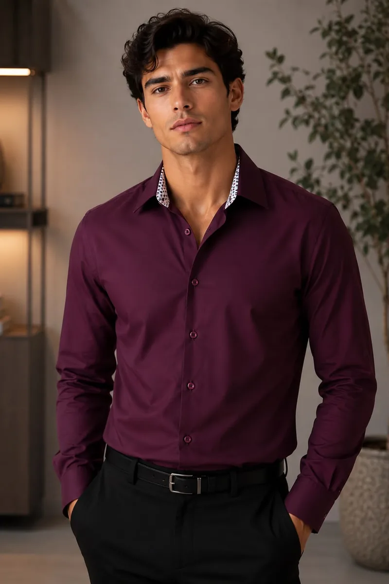 Camisa de vestir manga larga Giorginni Couture rojo vino