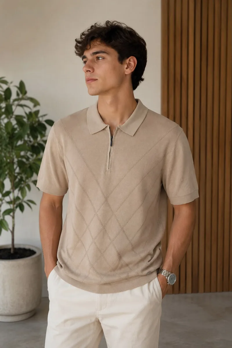 Polo tejido Old Money Giorginni Couture color arena con cierre
