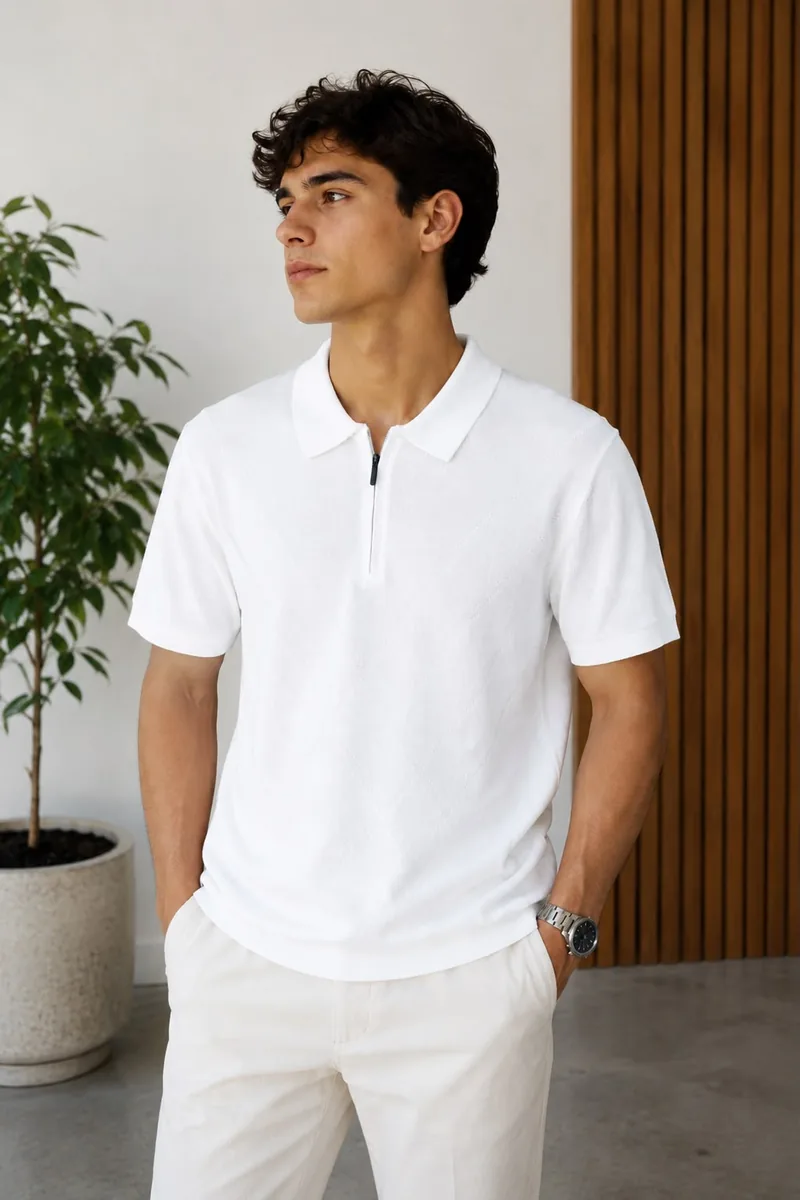 Polo tejido Old Money Giorginni Couture blanco con cierre