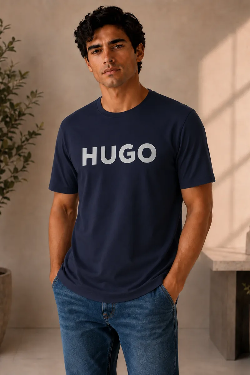 Camiseta Hugo cuello redondo azul marino con logo frontal