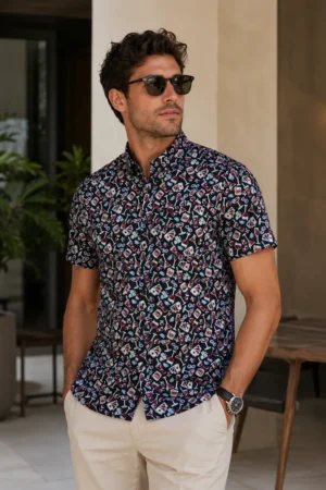 Camisa Original Penguin manga corta de algodón azul marino con estampado floral