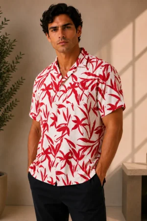 Camisa Original Penguin manga corta de algodón blanca con estampado de hojas rojas