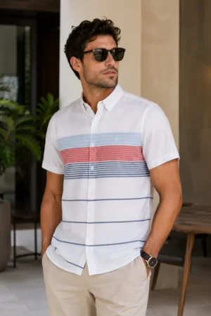Camisa Original Penguin manga corta de algodón blanca con franjas horizontales