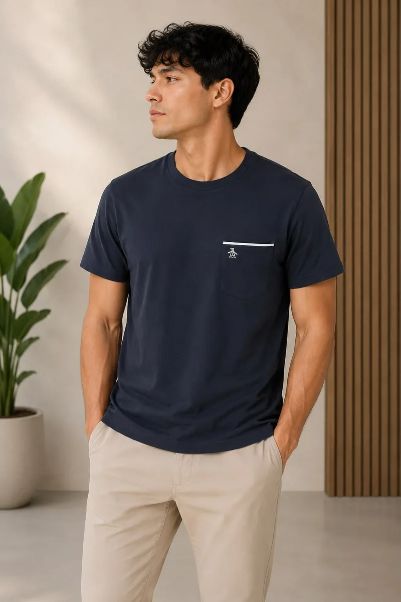 Camiseta Original Penguin de algodón azul marino con bolsillo ribeteado