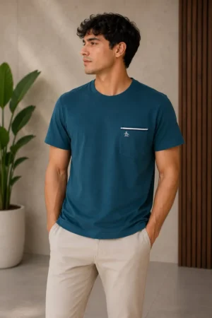 Camiseta Original Penguin de algodón azul petróleo con bolsillo ribeteado
