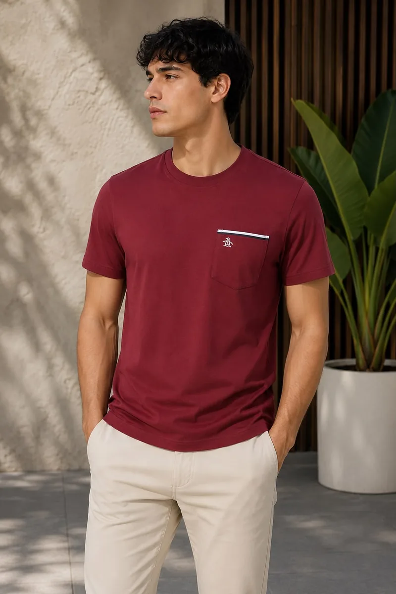 Camiseta Original Penguin de algodón rojo vino con bolsillo ribeteado