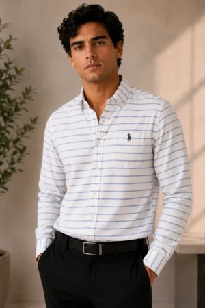 Camisa de vestir manga larga U.S. Polo Assn. blanca con rayas celestes