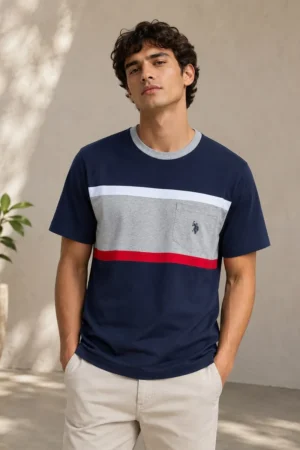 Camiseta U.S. Polo Assn. de algodón azul marino con franjas gris y roja
