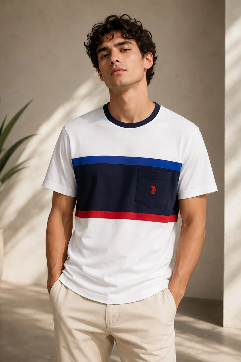 Camiseta U.S. Polo Assn. de algodón blanca con franjas azul y roja