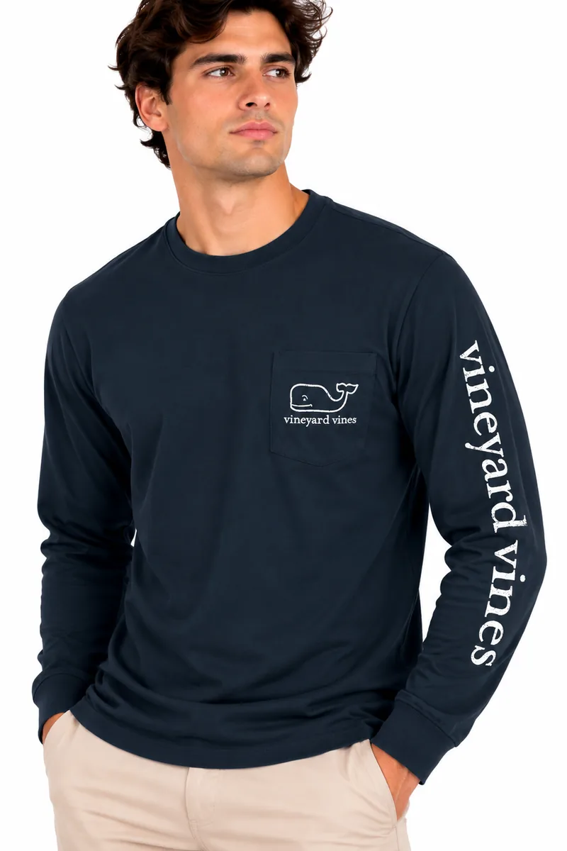 Camiseta Manga Larga con Ballena en Contorno Vineyard Vines azul marino, vista frontal