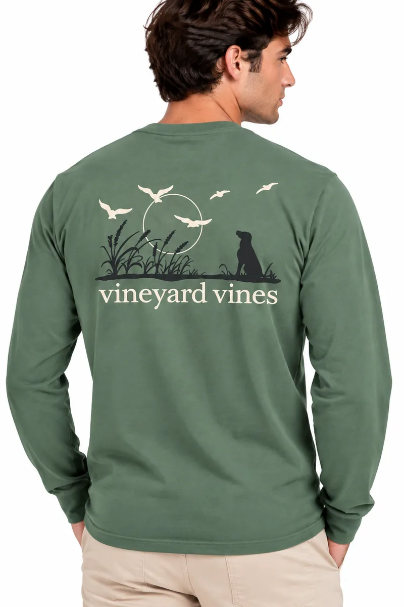 Camiseta Manga Larga con Paisaje de Aves Vineyard Vines verde, vista de espalda