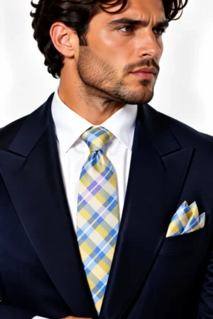 Corbata de satín a cuadros Bergamo New York color amarillo con azul