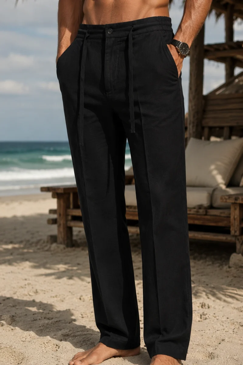 Pantalón casual de lino corte recto Bohio color negro