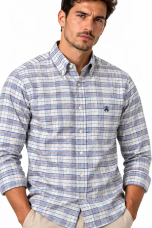 Camisa manga larga Brooks Brothers a cuadros blanco con azul marino