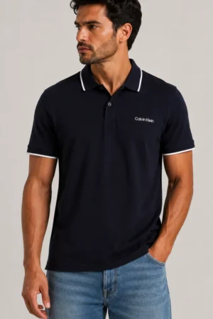 Camiseta estilo polo Calvin Klein de algodón azul marino con ribete en cuello y mangas