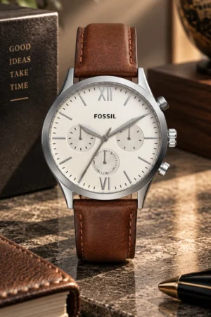 Reloj Fossil de cuero modelo BQM2363 color café con blanco