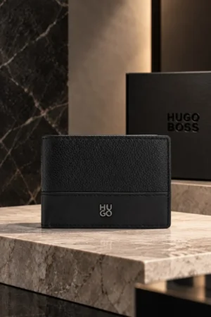 Billetera de cuero Hugo Boss con placa de logo color negro
