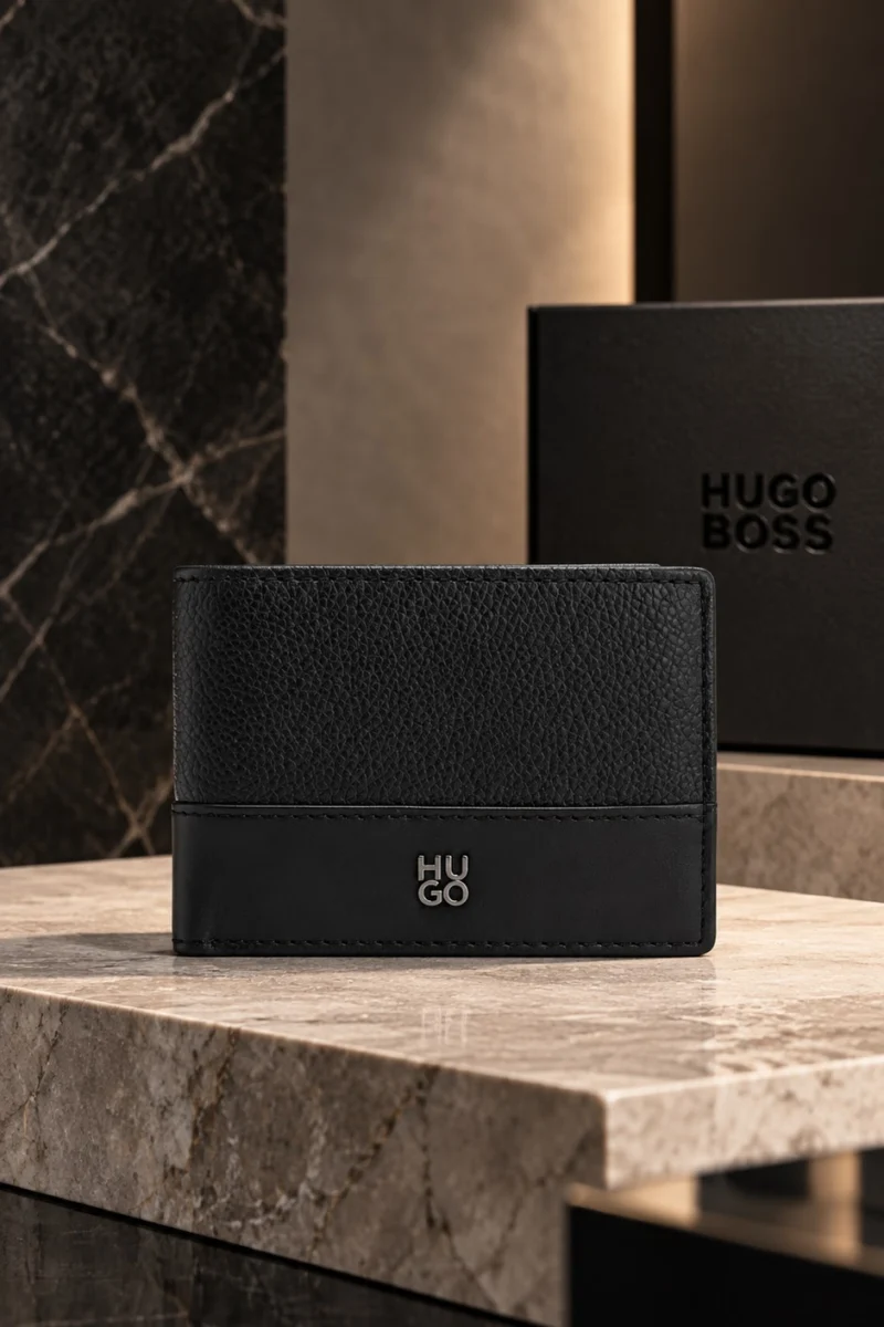Billetera de cuero Hugo Boss con placa de logo color negro