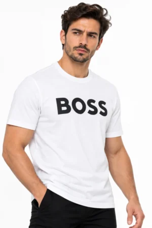 Camiseta Hugo Boss cuello redondo blanca con logo BOSS grande en negro
