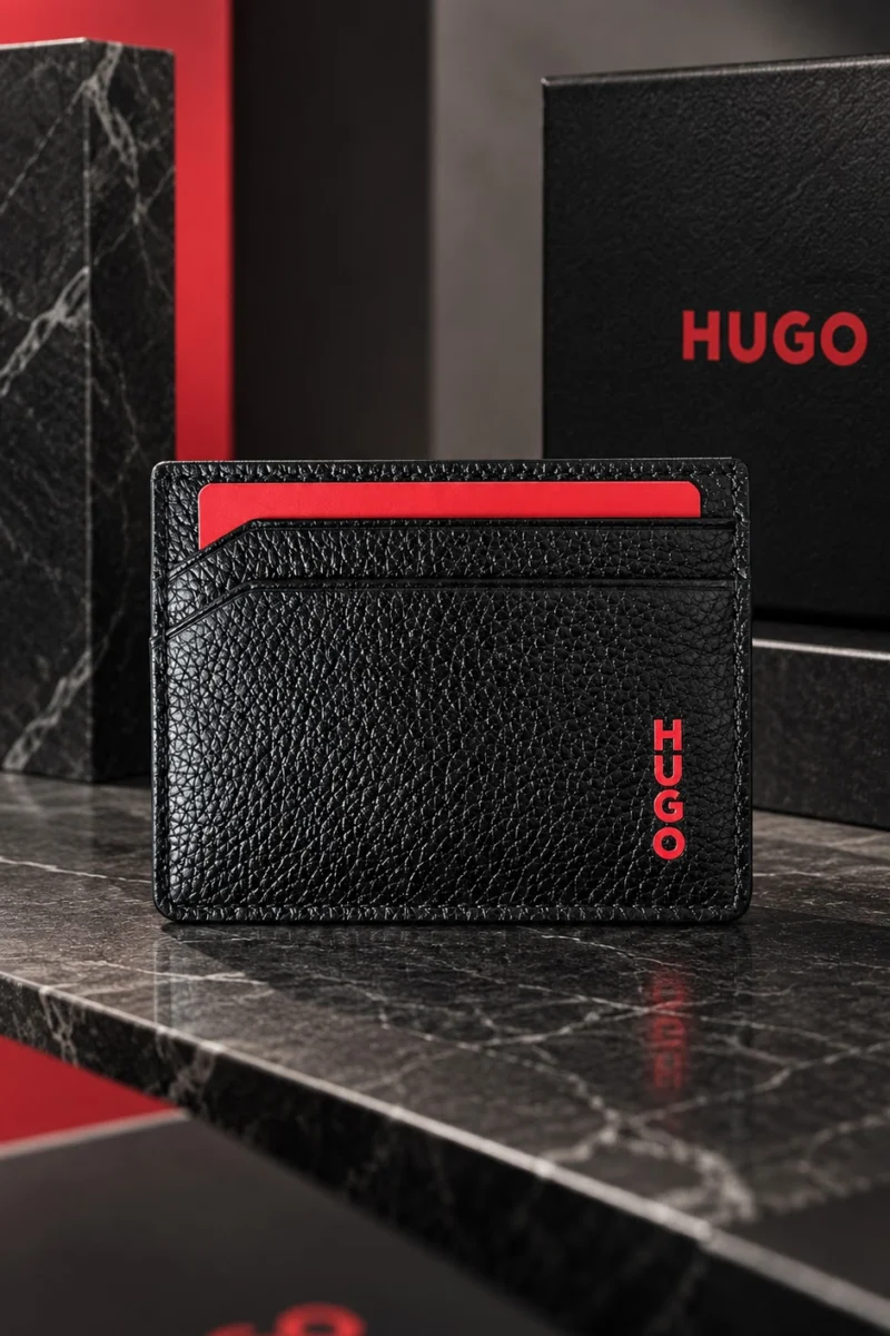 Tarjetero de cuero Hugo Boss color negro con rojo