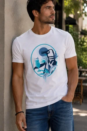 Camiseta Original Penguin de algodón blanca con estampado ilustrado circular en tonos azules