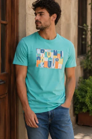 Camiseta Original Penguin de algodón turquesa con estampado tipográfico de colores