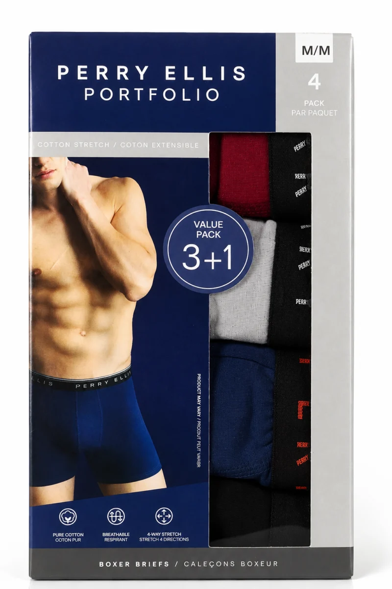 Paquete de 4 bóxers de algodón Perry Ellis en su caja