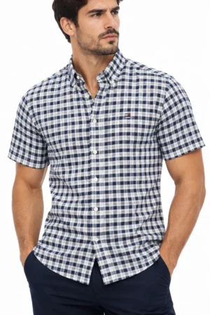 Camisa Tommy Hilfiger manga corta de algodón a cuadros azul marino y blanco