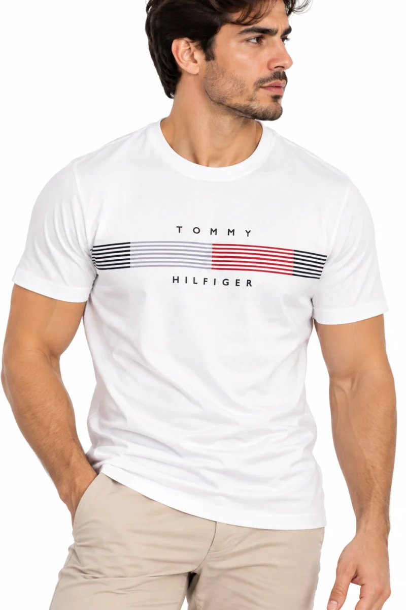 Camiseta Tommy Hilfiger de algodón blanca con franja degradada y logo