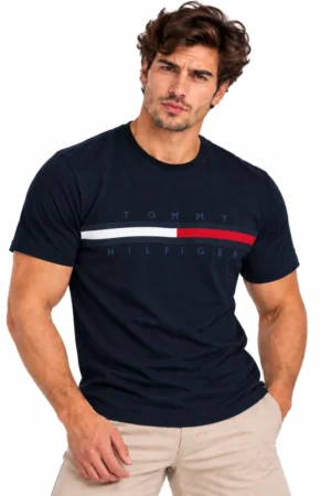 Camiseta Tommy Hilfiger de algodón azul marino con franja tricolor al pecho