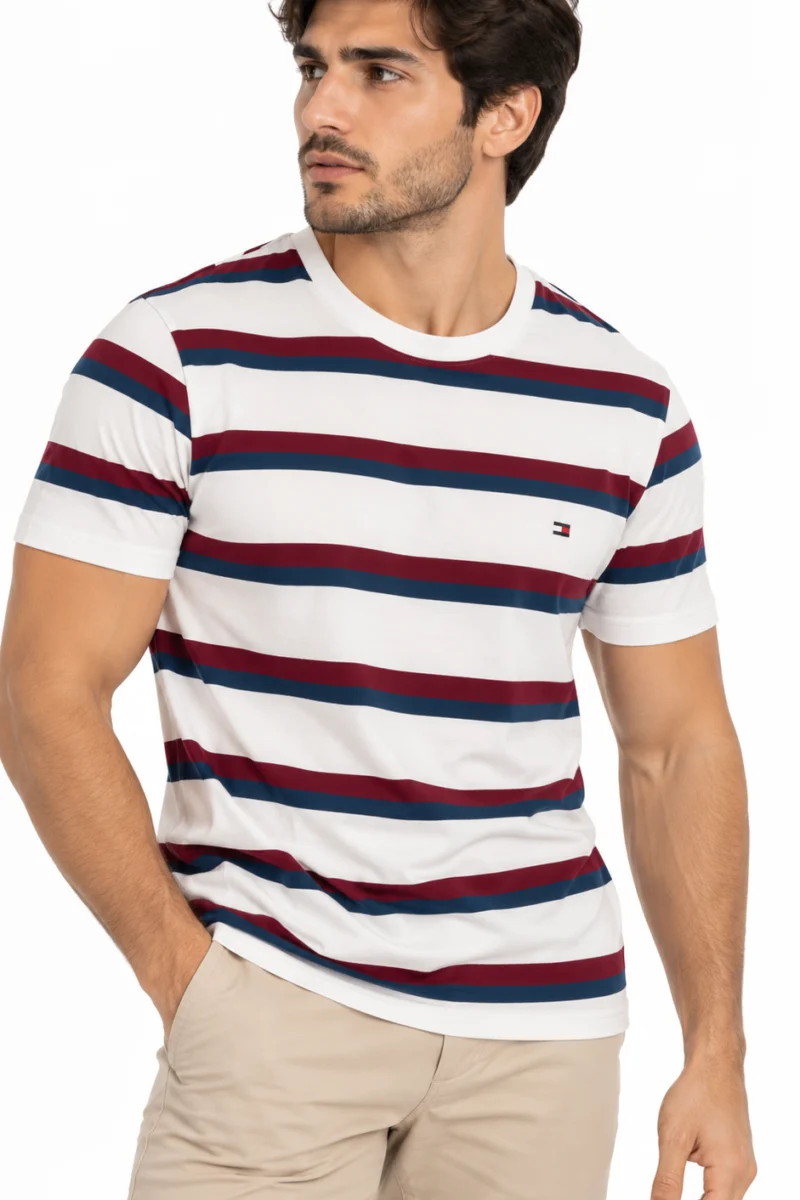 Camiseta Tommy Hilfiger de algodón blanca a rayas azul marino y rojo