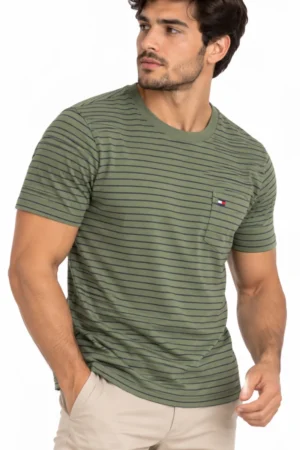Camiseta Tommy Hilfiger de algodón verde a rayas finas
