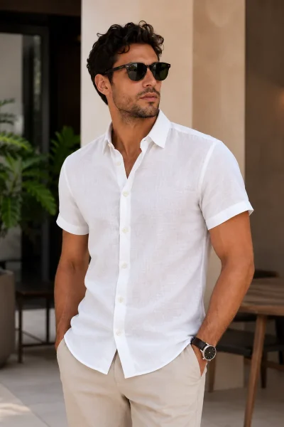 Camisa de lino manga corta Giorginni Couture blanca