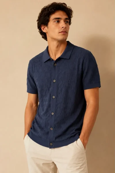 Camisa tejida Old Money Giorginni Couture manga corta azul con botones