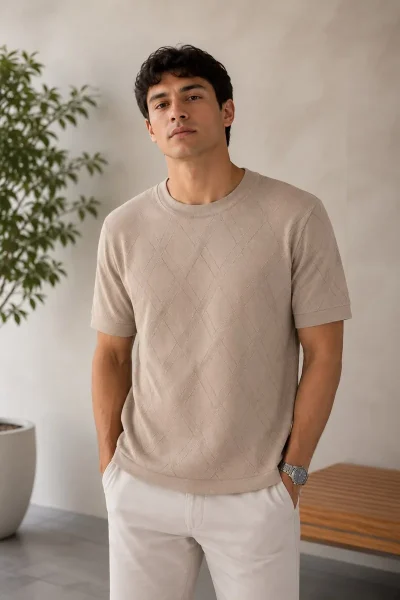 Camiseta tejida Old Money Giorginni Couture cuello redondo color arena