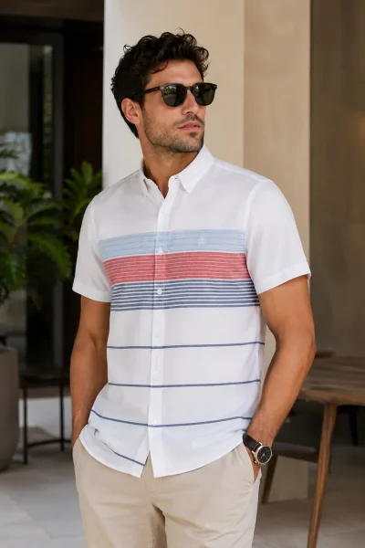 Camisa Original Penguin manga corta de algodón blanca con franjas horizontales