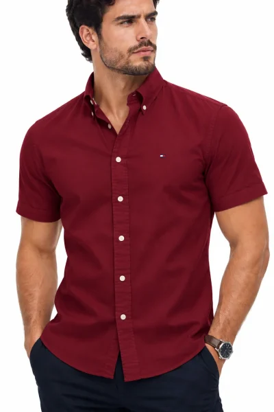 Camisa Tommy Hilfiger manga corta de algodón lisa rojo vino