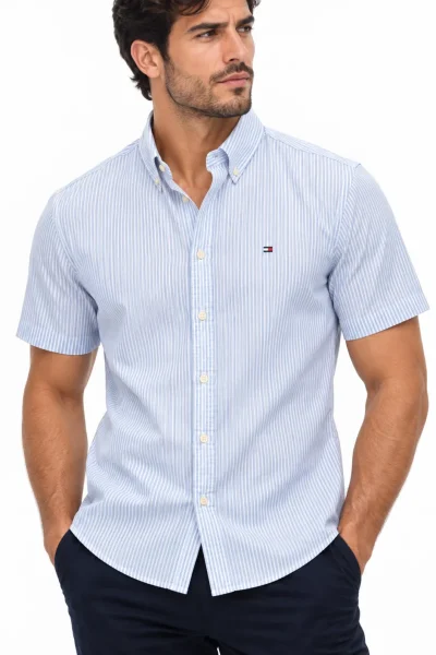Camisa Tommy Hilfiger manga corta de algodón celeste a rayas