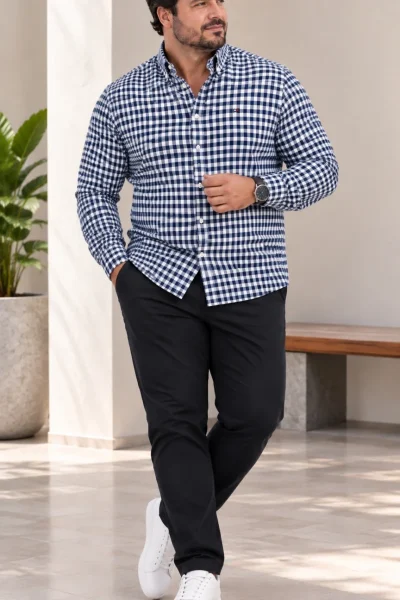 Camisa Tommy Hilfiger manga larga de vestir a cuadros azul marino y blanco