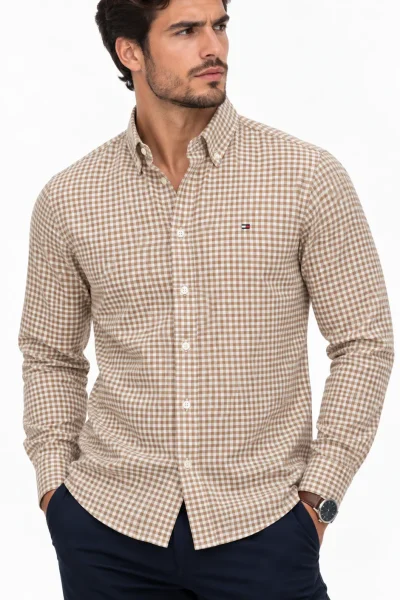 Camisa Tommy Hilfiger manga larga de vestir a cuadros pequeños beige