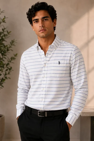Camisa de vestir manga larga U.S. Polo Assn. blanca con rayas celestes